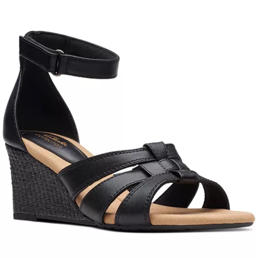 Clarks Womens Kyarra Joy Black Leather Wedges Sandals Shoes 7.5 M, NWOB